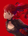  1girl black_choker black_jacket black_ribbon breasts choker cleavage collarbone floating_hair gloves hair_ribbon highres jacket layered_sleeves long_hair long_sleeves looking_at_viewer open_clothes open_jacket parted_lips persona persona_5 persona_5_the_royal ponytail red_background red_eyes red_gloves red_hair reveen ribbon small_breasts solo upper_body yoshizawa_kasumi 
