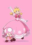  2girls artist_name blonde_hair bow brown_footwear dress elbow_gloves full_body gloves mario_(series) multiple_girls open_mouth peachette pink_background pink_bow pink_dress pink_vest saiwo_(saiwoproject) simple_background toadette vest white_gloves 