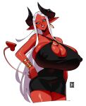  absurd_res big_breasts breasts cleavage clothed clothing demon demon_humanoid dress ear_piercing ear_ring female hair hi_res huge_breasts humanoid mature_female nipple_outline not_furry piercing red_body ring_piercing thehelmetguy white_hair 