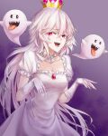  1girl boo_(mario) breasts cleavage crown dress elbow_gloves gloves hair_between_eyes highres long_hair looking_at_viewer mario_(series) new_super_mario_bros._u_deluxe open_mouth personification princess_king_boo sharp_teeth smile solo super_crown suprii teeth tongue tongue_out white_dress white_gloves 
