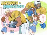  1boy 1girl american_football_uniform biceps cheerleader earrings gamagoori_ira gloves highres jewelry kill_la_kill mankanshoku_mako pants qin_(7833198) shirt speech_bubble sportswear tan translation_request white_helmet white_pants yellow_shirt 