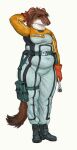  2020 anthro boots brown_body brown_fur cettus clothed clothing eyes_closed female footwear fur gloves hand_behind_head handwear hi_res holding_object holding_tool mammal mustelid musteline pouches science_fiction shoes simple_background slightly_chubby slightly_chubby_anthro slightly_chubby_female smile solo spacesuit standing stoat tools true_musteline weasel white_background white_body white_fur wrench 