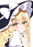  1girl black_headwear black_vest blonde_hair blush bow braid closed_mouth fingernails hair_between_eyes hat hat_bow heart heart-shaped_pupils highres kirisame_marisa long_hair looking_at_viewer portrait shinonome_asu shirt simple_background single_braid solo symbol-shaped_pupils touhou twitter_username vest white_background white_bow white_shirt witch_hat yellow_eyes 