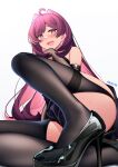  1girl :d @_@ absurdres ahoge aki_(1360505188) black_thighhighs blush earrings elbow_gloves garter_straps glint gloves hair_intakes high_heels highres jewelry knee_up long_hair looking_at_viewer original pink_hair simple_background smile solo thighhighs very_long_hair white_background 