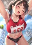 1girl armpits bent_over black_hair blue_sky blurry blurry_foreground blush bottle breasts buruma closed_eyes exhausted fisheye from_below highres kase_daiki large_breasts navel open_mouth original ponytail red_sports_bra revision safety_pin short_hair sky solo sports_bra sportswear steam steaming_body sweat sweating_profusely thighs tongue water_bottle wet 