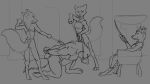  anthro black_and_grey bound canid canine canis crown dominant dominant_female female fox group headgear male mammal misterpickleman monochrome submissive submissive_male wolf 
