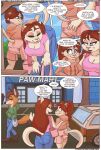  anthro blush bottomwear brown_hair clean_diaper clothed clothing comic dialogue diaper diaper_fetish digital_media_(artwork) domestic_cat duo english_text felid feline felis female fur hair infantilism mammal paddedulf smile tail text wearing_diaper 