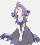  1girl acerola_(pokemon) armlet blush closed_mouth collarbone commentary_request dress flipped_hair grey_dress hair_ornament hairclip highres looking_at_viewer medium_hair multicolored_clothes multicolored_dress ohn_pkmn pokemon pokemon_(game) pokemon_sm purple_hair short_sleeves solo stitches topknot torn_clothes torn_dress 
