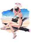  1girl ankle_ribbon artist_name beach bikini black_bag black_bikini black_bow black_wings blue_archive bow breasts clenched_teeth commentary deitaku feathered_wings floral_print front-tie_bikini_top front-tie_top full_body gun hair_between_eyes hair_bow hair_over_shoulder halo head_wings highres koharu_(blue_archive) koharu_(swimsuit)_(blue_archive) leg_ribbon long_hair low_twintails low_wings ocean official_alternate_costume parted_lips pink_eyes pink_hair pink_halo print_bikini ribbon sand sandals small_breasts solo strapless strapless_bikini swimsuit teeth twintails twitter_username weapon white_ribbon wings 