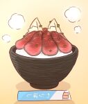  animal_ears bowl brown_background chopsticks food fox_ears gyuudon highres kemomimi-chan_(naga_u) meat naga_u no_humans original rice rice_bowl shadow simple_background steam 