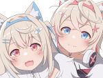  2girls :3 :d animal_ear_fluff animal_ears black_jacket blonde_hair blue_hair blush closed_mouth dog_ears dog_girl dress fang fangs fur-trimmed_jacket fur_trim fuwawa_abyssgard hair_ornament hairpin hololive hololive_english jacket long_hair looking_at_viewer medium_hair mococo_abyssgard multicolored_hair multiple_girls nero_(starlightbrakerexfb) open_mouth pink_hair shirt siblings sisters skin_fang skin_fangs smile streaked_hair twins virtual_youtuber white_background white_dress white_shirt x_hair_ornament 