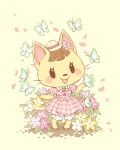  1girl :d animal_crossing aqua_bow aqua_bowtie aqua_butterfly artist_name bloomers blush blush_stickers bow bowtie brown_hair bug butterfly cat_girl commentary dress english_commentary eyelashes falling_petals flower frilled_sleeves frills furry furry_female green_flower hair_flower hair_ornament hat katie_(animal_crossing) looking_at_viewer mini_hat open_mouth petals pink_dress pink_flower plaid plaid_dress plant puffy_short_sleeves puffy_sleeves red_flower samantha_whitten short_sleeves signature simple_background smile solo standing underwear white_bloomers white_flower yellow_background yellow_flower yellow_headwear 