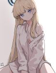  1girl blonde_hair blue_archive blue_eyes blue_halo breasts closed_mouth commentary dated hair_over_shoulder halo highres long_hair long_sleeves looking_at_viewer medium_breasts myeolchi off-shoulder_shirt off_shoulder shirt signature toki_(blue_archive) white_shirt 