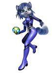  2005 accessory anthro armor belt blue_body blue_fur blue_hair bomb boots bra breasts canid canine clothed clothing explosives female footwear fox fur furgonomics green_eyes grenade hair hair_accessory hi_res high_heeled_boots high_heels jewelry krystal mammal nintendo official_art pose short_hair simple_background skinsuit solo star_fox starfox_assault tail tail_accessory tailband tight_clothing underwear unknown_artist weapon 