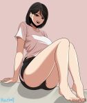  1girl artist_name barefoot beautiful_gunbari black_eyes black_hair black_shorts breasts character_request knees_up marheit medium_breasts open_mouth pink_background shirt short_hair short_sleeves shorts sitting solo white_shirt 