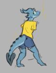  ambiguous_gender amputee anthro armless blue_body bottomwear cfoxblu clothing colored colored_sketch cutoffs denim denim_clothing digitigrade disability girly green_eyes kobold low_res nonbinary_(lore) shirt shorts simple_background sketch slate_(cfoxblu) solo spade_tail tail tail_spines topwear yellow_clothing yellow_shirt yellow_topwear 