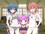  3girls bandaid bandaid_on_face belly blue_hair blush blush_stickers bra commission commissioner_upload eyelashes flat_chest fuyo_cloverfield green_eyes grey_panties heterochromia highres idol_corp looking_at_viewer multicolored_hair multiple_girls nepiris open_mouth orange_hair panties pink_eyes pink_hair pointy_ears purple_eyes purple_panties red_eyes ribbon riro_ron short_hair smile star_(symbol) thick_eyebrows twintails underwear underwear_only virtual_youtuber white_panties yuko_yurei 