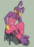  3_toes absurd_res anon anthro clothed clothing duo dustyscooter eyebrows feet feet_in_face foot_fetish fully_clothed fur gloves hand_on_chin handwear hare hi_res humanoid jax_(the_amazing_digital_circus) lagomorph leporid looking_down male mammal overalls paws purple_body purple_fur rabbit raised_eyebrow simple_background sitting size_difference smile smug toes 