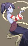  absurdres ass bare_shoulders blue_skin blush breasts colored_skin dress highres leviathan_(skullgirls) object_through_head red_eyes sideboob simple_background skullgirls squigly_(skullgirls) ssangbongnagta striped zombie 