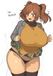  1girl absurdres breasts brown_hair commentary commentary_request cowboy_shot hair_ribbon highres jacket large_breasts makino_momiji_(artist) medium_hair open_mouth original plump ribbon solo sweater thighhighs translation_request twintails uniform 