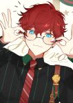 1boy absurdres adjusting_eyewear aleo amagi_hiiro artist_name bespectacled blue_eyes blush character_name closed_mouth collared_shirt commentary dated earrings ensemble_stars! glasses highres hoop_earrings jewelry keito_lecture_(ensemble_stars!) long_sleeves looking_at_viewer male_focus necktie notice_lines official_alternate_costume red_hair red_necktie shirt short_hair single_earring solo star_(symbol) striped striped_necktie striped_shirt suspenders symbol-only_commentary upper_body vertical-striped_shirt vertical_stripes 