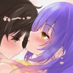  ... 1boy 1girl absurdres black_hair blue_hair blush close-up closed_mouth commentary couple diamond_earrings earrings eyelashes eyes_visible_through_hair from_side gradient_hair green_eyes hair_between_eyes heads_together heart hetero highres jewelry kohibari_kurumi long_hair looking_at_another multicolored_hair nose parted_lips pink_hair profile purunyara short_hair shy sidelocks simple_background spiked_hair sweat tanikaze_riku tenshi_souzou visible_air wavy_hair white_background yellow_eyes 