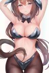  1girl admire_vega_(umamusume) alternate_costume animal_ears armpits arms_up ass_visible_through_thighs black_bra bow bowtie bra breasts brown_hair brown_pantyhose cleavage cowboy_shot detached_sleeves highres horse_ears horse_girl horse_tail large_breasts long_hair looking_at_viewer navel pantyhose parted_lips solo tail umamusume underwear v-shaped_eyebrows very_long_hair white_background yonemochi_yume 