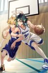  2boys aether_(genshin_impact) ahoge alternate_costume amaguri_ya basketball basketball_court basketball_hoop basketball_jersey blonde_hair blue_shorts braid braided_ponytail collarbone commentary_request facial_mark forehead_mark genshin_impact highres jersey multicolored_hair multiple_boys parted_bangs red_eyeliner shoes shorts sidelocks smug sneakers sportswear sweat twitter_username two-tone_hair white_footwear white_shorts xiao_(genshin_impact) yellow_eyes 