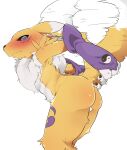  1girl animal_nose ass black_sclera blue_eyes blush body_fur closed_mouth colored_sclera dagasi digimon furry furry_female highres looking_at_viewer motion_lines renamon simple_background snout solo standing tail tail_wagging white_background yellow_fur 