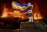  1boy absurdres astolfo_(fate) highres military_vehicle motor_vehicle otoko_no_ko sword tank ukrainian_flag weapon 