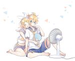  1boy 1girl ahoge arms_around_waist bare_arms bare_legs bare_shoulders barefoot blonde_hair blue_eyes blush bow cheek-to-cheek closed_mouth electric_fan grey_sailor_collar grey_shorts hair_bow hair_ornament hairclip hand_fan headphones heads_together headset hot hug hug_from_behind kagamine_len kagamine_rin looking_at_another neckerchief necktie open_mouth paper_fan sailor_collar sailor_shirt shirt short_hair short_ponytail short_sleeves shorts siblings sideways_glance sitting sleeveless sleeveless_shirt suzumi_(fallxalice) sweat twins vocaloid wariza white_bow yellow_nails yellow_neckerchief yellow_necktie 