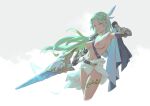 1girl bigrbear black_gloves breasts commentary_request gauntlets gloves green_hair grey_background holding holding_sword holding_weapon large_breasts long_hair looking_at_viewer navel nipples original pink_eyes solo sword thighs weapon 