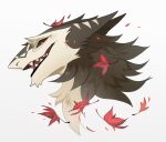  ambiguous_gender anthro biped black_body black_fur colored ears_up fur leaf lingrimm looking_at_viewer mammal portrait red_eyes sergal simple_background solo teeth teeth_showing white_body white_fur white_nose 