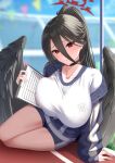  1girl absurdres black_choker black_hair black_wings blue_archive blue_jacket blue_shorts blue_sky blurry blurry_background breast_lift breasts choker clipboard day feathered_wings gym_shirt gym_shorts gym_uniform hair_between_eyes halo hasumi_(blue_archive) hasumi_(track)_(blue_archive) highres huge_breasts iori_(nanonamuco) jacket large_wings long_hair long_sleeves looking_at_viewer low_wings mole mole_under_eye official_alternate_costume open_clothes open_jacket parted_lips partially_unzipped pink_nails ponytail red_eyes red_halo shirt short_shorts shorts sitting sky stadium sweat sweatdrop thighs track_and_field track_jacket white_shirt wings yokozuwari zipper 