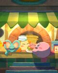  blush blush_stickers burger cafe closed_eyes cooking_pot elfilin food highres jar kirby kirby_(series) kirby_and_the_forgotten_land kirby_cafe miclot night no_humans open_mouth outdoors oven pink_footwear shoes smile waddle_dee white_headwear 