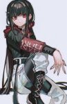  1girl black_footwear black_pants blunt_bangs brown_hair danganronpa_(series) danganronpa_v3:_killing_harmony frown grey_background hair_ornament hair_scrunchie hairclip harukawa_maki highres hood hoodie layered_sleeves long_hair long_sleeves looking_at_viewer low_twintails mole mole_under_eye pants red_eyes red_hoodie red_scrunchie scrunchie shirt short_over_long_sleeves short_sleeves simple_background skirt solo twintails visket53 white_pants 