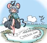  1girl animal_ears big_stick blue_capelet capelet closed_eyes cloud day dowsing_rod dress grey_dress grey_hair grey_skirt grey_vest kasuya_baian layered_clothes long_sleeves mouse mouse_ears mouse_girl mouse_tail nazrin ocean outdoors parody shirt short_hair skirt skirt_set tail theodore_roosevelt touhou tree vest white_shirt 