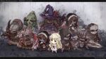  4girls 6+boys armor ball_and_chain_(weapon) beard black_dress black_ribbon blood blood_on_clothes bloody_wings brown_hair chibi cloak commentary_request dagger dark_witch_eleine dress ender_lilies_quietus_of_the_knights expressionless facial_hair faden_the_heretic fake_horns full_armor full_body fushigi_ebi gerrod_the_elder_warrior green_eyes guardian_siegrid guardian_silva habit hat helmet highres hoenir_keeper_of_the_abyss holding holding_dagger holding_knife holding_polearm holding_staff holding_sword holding_weapon hood hood_up hooded_cloak horned_helmet horns knife knight_captain_julius lily_(ender_lilies) long_hair mask multiple_boys multiple_girls own_hands_together polearm red_eyes red_hair ribbon skeletal_wings spiked_helmet staff sword ulv_the_mad_knight umbral_knight_(ender_lilies) war_hammer weapon white_dress white_hair white_wings wings witch witch_hat 