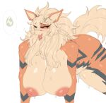  2023 anthro arcanine areola biped bodily_fluids breasts brown_eyes carsen eyelashes female fur generation_1_pokemon genital_fluids hi_res nintendo nipples orange_body orange_fur pokemon pokemon_(species) pussy_juice simple_background solo speech_bubble sweat tongue tongue_out white_background yellow_body yellow_fur 