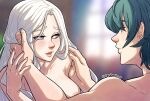  1boy 1girl breasts byleth_(fire_emblem) byleth_(male)_(fire_emblem) caress completely_nude edelgard_von_hresvelg fire_emblem fire_emblem:_three_houses heart heart-shaped_pupils hetero highres kinkymation long_hair medium_breasts nude open_mouth purple_eyes smile symbol-shaped_pupils white_hair 