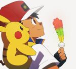  1boy ash_ketchum black_gloves black_hair blue_jacket brown_eyes closed_mouth commentary feathers fingerless_gloves from_side gloves hand_up hat highres holding holding_feather jacket jeri20 male_focus pikachu pokemon pokemon_(anime) pokemon_(creature) pokemon_journeys rainbow_wing_(pokemon) red_headwear shirt short_hair short_sleeves simple_background sleeveless sleeveless_jacket smile symbol-only_commentary t-shirt upper_body white_background white_shirt 
