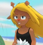  anthro beach blonde_hair book buckteeth deer deltarune female hair hi_res hitsuji looking_at_viewer mammal noelle_holiday red_nose seaside solo spaghetti_strap teeth undertale_(series) unimpressed 