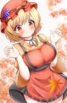  1girl aki_minoriko apron autumn_leaves blonde_hair blurry blurry_background blush breasts closed_mouth commentary_request food fruit grapes gyuta hat highres large_breasts leaf mob_cap red_apron red_eyes red_headwear short_hair touhou white_background 
