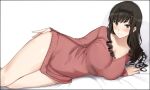  1girl amagami arm_support bed_sheet black_eyes black_hair blush breasts cleavage curly_hair drill_hair hairband hand_on_own_thigh highres huge_breasts jacket long_hair long_sleeves lying mobu morishima_haruka on_side red_jacket solo thighs white_background 