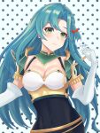  1girl aqua_hair armor blush bow braid breasts chloe_(fire_emblem) cleavage commentary covered_navel elbow_pads fire_emblem fire_emblem_engage gloves green_eyes hair_bow hand_up highres large_breasts long_hair looking_at_viewer mrwingsters orange_bow polka_dot polka_dot_background shoulder_armor solo upper_body very_long_hair white_gloves 