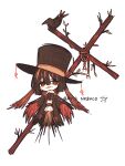  animate_object arianeanco bird black_ribbon black_suit brown_hair commentary cross crow dated_commentary english_commentary formal hat highres original red_eyes ribbon scarecrow suit top_hat 