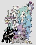  1girl aqua_hair broom crescent crescent_hat_ornament erlenmeyer_flask flask garouma ghost gradient_hair grey_background hair_over_one_eye hat_ornament heart highres jewelry keyhole lamp lock multicolored_hair necklace original simple_background smile snake solo star_(symbol) 