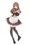  1girl anchor_symbol apron blush boots breasts brown_dress brown_eyes brown_hair choker ddul_(hauluimubingoj1) dress fingerless_gloves frilled_apron frilled_dress frills full_body gloves guilty_gear guilty_gear_strive highres long_hair long_sleeves maid maid_apron maid_headdress may_(guilty_gear) medium_breasts sailor_collar simple_background smile solo sweatdrop thighhighs v-shaped_eyebrows white_background wrist_cuffs zettai_ryouiki 