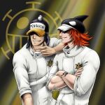  2boys absurdres arm_tattoo artist_name covered_eyes crossed_arms english_text hat hat_over_eyes highres jolly_roger male_focus medium_hair mitsisartwork multiple_boys one_piece orange_hair overalls penguin_(one_piece) penguin_hat shachi_(one_piece) sleeves_past_elbows smile tattoo teeth uniform white_overalls 