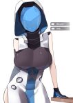  ! 1girl arm_behind_back bare_shoulders breasts english_text faceless faceless_female feeq gloves honkai:_star_rail honkai_(series) hood mask mask_on_head medium_breasts messenger_(honkai:_star_rail) simple_background speech_bubble table white_background 